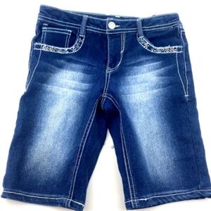 Girls Jeans Shorts Denim Size 14 Rhinestones Blue Embroidered Adjustable Waist